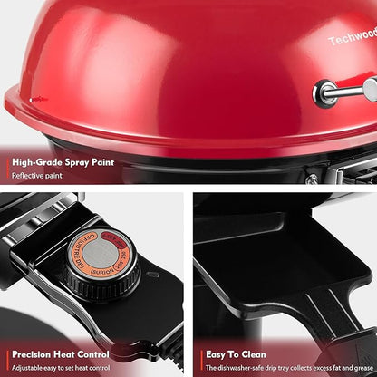 Electric Grill, Techwood Indoor/Outdoor Electric BBQ Grill, 1600W Portable Removable Stand Grill with Adjustable Heat & Drip Tray, Double Layer Design for Party, Patio & Backyard (Red)