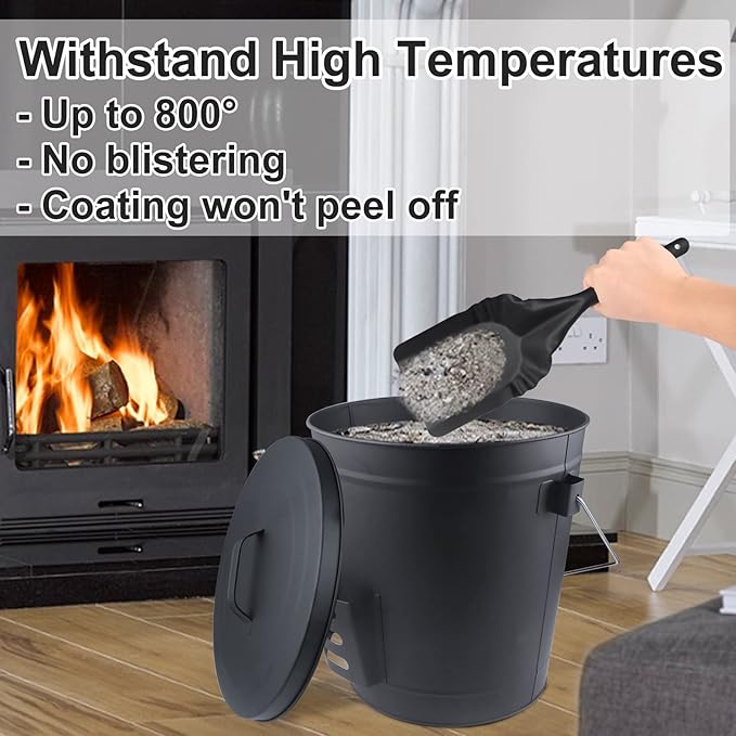 Ash Bucket with Lid and Shovel Hand Broom, 5.15 Gallon Large Galvanized Iron Metal Fireplace Tools Ash Pail for Fire Places Fire Pits Wood Burning Stoves Hearth Accessories Indoor Outdoor, Black