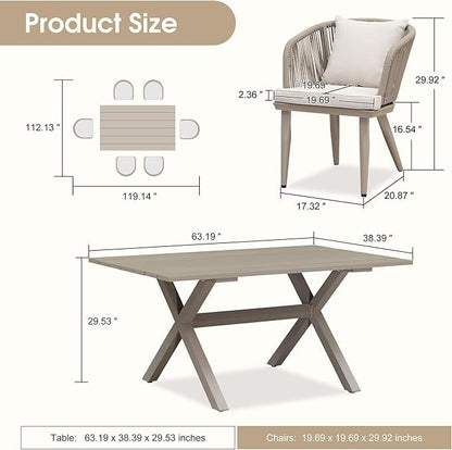 PURPLE LEAF 7 Pieces Patio Dining Set Wicker Outdoor Furniture Rectangular Table and Chairs Set for Garden Deck Aluminum Frame Backyard Kitchen Set, Cushions and Pillows Included Champagne