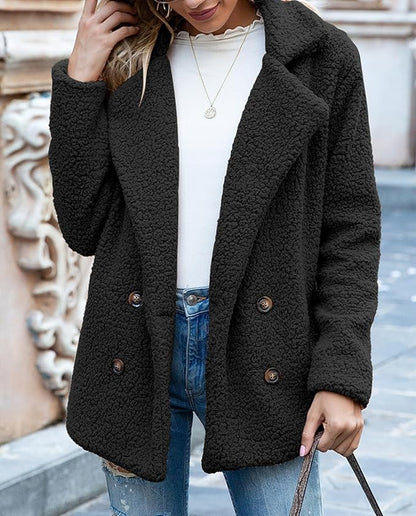 Women's Winter Warm Plush Cardigan Fuzzy Fleece Lapel Jacket with Buttons Pockets Long Sleeve Casual Outerwear