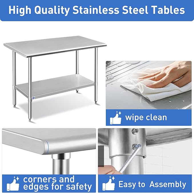 ROCKPOINT Stainless Steel Table for Prep & Work 18x60 Inches, NSF Metal Commercial Kitchen Heavy Duty Table with Adjustable Under Shelf and Table Foot for Restaurant, Home and Hotel