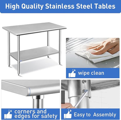 ROCKPOINT Stainless Steel Table for Prep & Work 18x48 Inches, NSF Metal Commercial Kitchen Heavy Duty Table with Adjustable Under Shelf and Table Foot for Restaurant, Home and Hotel
