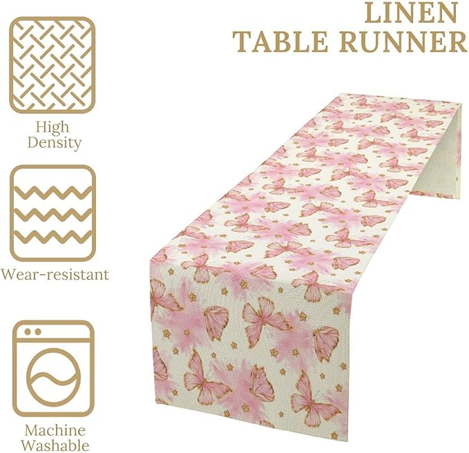 Watercolor Butterfly Table Runner, Cute Pink Butterfly Spring Modern Aesthetics Print Table Runner for Holiday Kitchen Dining Outdoor Home Party 13x60in