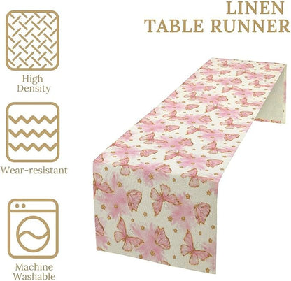 Watercolor Butterfly Table Runner, Cute Pink Butterfly Spring Modern Aesthetics Print Table Runner for Holiday Kitchen Dining Outdoor Home Party 13x60in