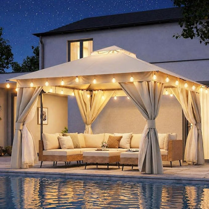 12'x12' Outdoor Gazebo with 100FT String Lights, Metal Heavy Duty Patio Canopy by LAUSAINTHOME