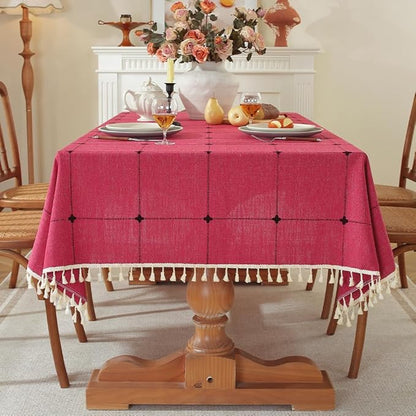 Pahajim Rustic Linen Tablecloth Cotton Rectangle Table Cloth for Kitchen Dining with Tassel Plaid Waterproof Tablecloths Square,55''x55'',4 Seats