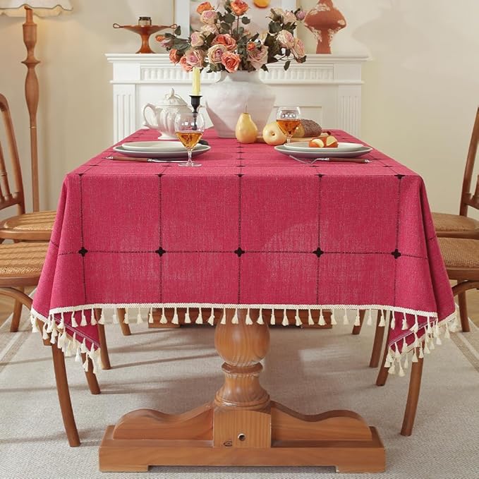 Pahajim Rustic Linen Tablecloth Cotton Rectangle Table Cloth for Kitchen Dining with Tassel Plaid Waterproof Tablecloths Rectangle/Oblong,55''x118'',10-12 Seats