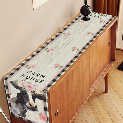 Cow Farmhouse Table Runner, Rustic Black White Plaid Buffalo Animals Flower Rose Farm Coffee Table Center Decor for Family Kitchen and Living Room Country Holiday Party Table Decorations, 13" X 72"