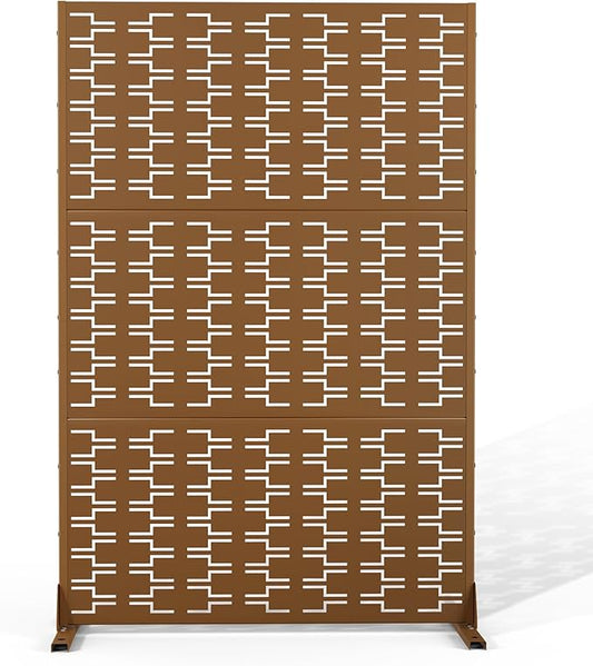 Metal Privacy Screen Outdoor 72" H×47" W,Freestanding Decorative Privacy Screen for Balcony Yard&Garden,Privacy Fence-Brown&Brick