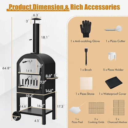 Happygrill Outdoor Pizza Oven Wood Fired, Portable Pizza Maker Grill w/Stone, Peel, Cooking Grids, Built-in Thermometer, Waterproof Cover, Wheels for Barbecue Backyard Camping