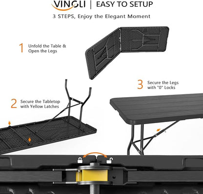VINGLI 8 Foot Plastic Folding Table Portable Long Table for Indoor Outdoor Use Rectangular with Carrying Handle, Black