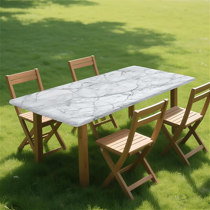 Rectangle Table Cloth Cover Waterproof Elastic Fitted Polyester Fitted Tablecloths for 4 Foot Tables for Indoor,Picnic, Camping, Outdoor （48" x 30"，Marble）