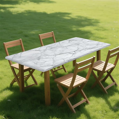 Rectangle Table Cloth Cover Waterproof Elastic Fitted Polyester Fitted Tablecloths for 4 Foot Tables for Indoor,Picnic, Camping, Outdoor （48" x 30"，Marble）