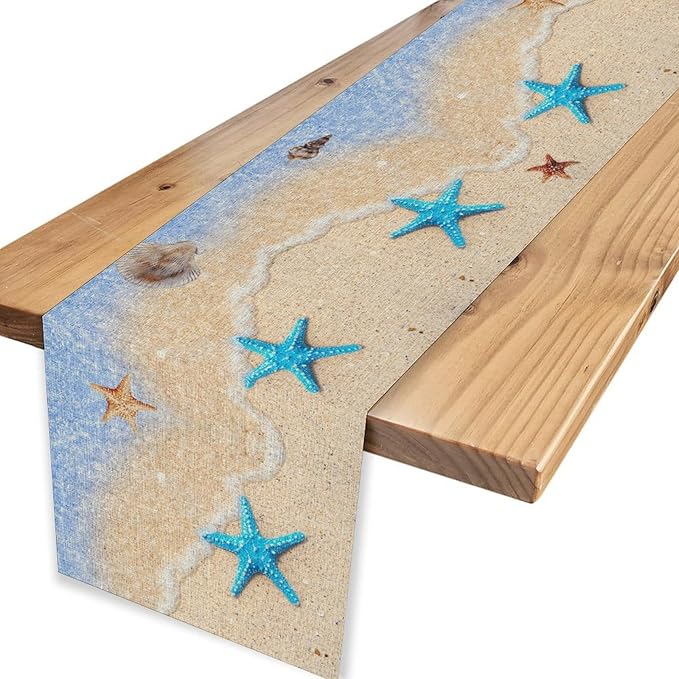 Summer Beach Table Runner, Nautical Starfish Coastal Seashell Ocean Blue Sea Seasonal Coffee Table Center Decor for Home Kitchen Dining Patio Holiday Party Table Decorations 13"x36"