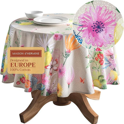 Maison d' Hermine Table Cloth Round Table 100% Cotton 69 Inches Tablecloth Reusable Decorative Everyday Use for Dining Room, Farmhouse, Home Party, Festive & Wedding Spring Summer - Jardin D'Ete - Fog