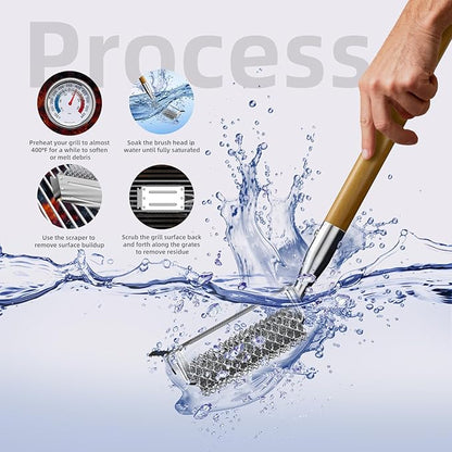 HOUSE AGAIN Grill Brush Bristle Free, 304 Stainless Steel Food-Grade Brush Head with Scraper, Safe BBQ Outdoor Grill Cleaning Brush Strong Barbecue Brush Cleaner Non Wire for Grill Grate/Wooden Handle