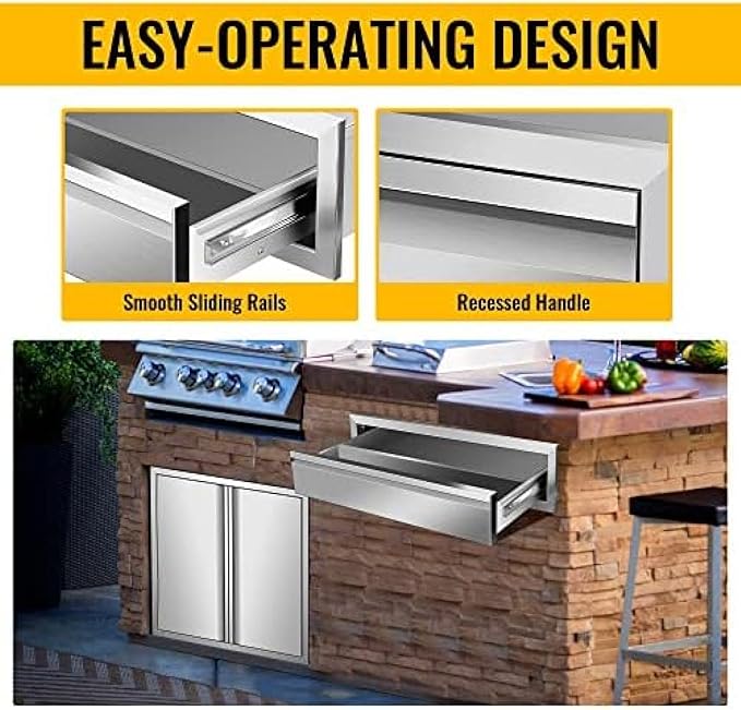 Outdoor Kitchen Stainless Steel Triple Access BBQ Drawers With Handle For BBQ Island Patio Grill Station,Single Drawer