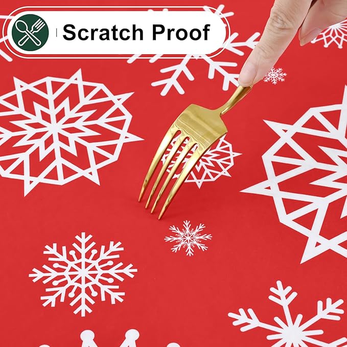 misaya Rectangle Waterproof Vinyl Table Cloth, Wipeable Tablecloth with Flannel Backing, Plastic Table Cover for Dinner, Christmas Party (Red Snowflake, 60" x 120")