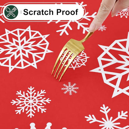 misaya Rectangle Waterproof Vinyl Table Cloth, Wipeable Tablecloth with Flannel Backing, Plastic Table Cover for Dinner, Christmas Party (Red Snowflake, 60" x 84")