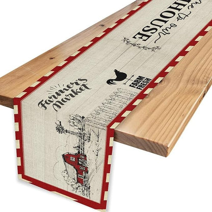 Farmhouse Table Runner, Rustic Country Barn Cottage Rooster Check Animal Plank Coffee Table Center Decor for Home Kitchen Dining Patio Holiday Party Indoor Outdoor Table Decorations 13"x72"