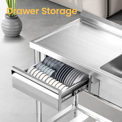 Stainless Steel Utility Sink, 47.2'' Free Standing Single Bowl Kitchen Sink with Cold and Hot Water Pipe, Left Drawer, Indoor and Outdoor for Laundry Room Farmhouse Kitchen(47.2 inch)