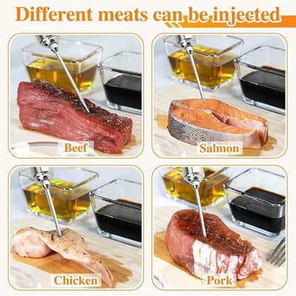 304-Stainless Steel Meat Injector Syringe Kit with 3 Marinade Needles for BBQ Grill Smoker, Turkey, Beef, Brisket, Fish, 2-oz Large Capacity, Silicone Brush and Cleaning Brush