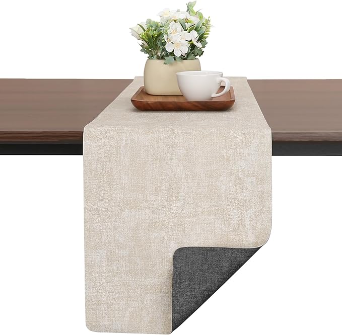Table Runners 55 Inches Long, Dual-Sided Faux Leather Farmhouse Table Runner Waterproof Non-Slip for Living Room Party Home Decor Holiday Decorations(Gray Cream-White, 12 x 55 Inch)