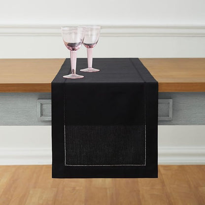 Solino Home Black Table Runner 48 Inches - Cotton Linen Hemstitch Coffee Table Runner 14 x 48 Inch Ideal for Dresser Tables - Winter, Spring, Easter