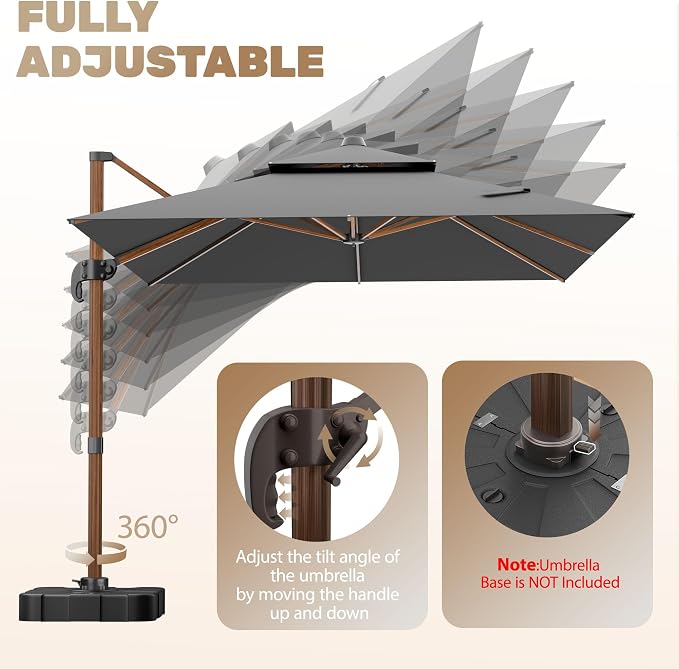 10x13FT Cantilever Outdoor Patio Umbrellas, Double Top Wood Pattern Rectangle - Image 6