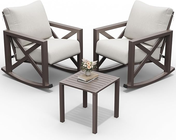 UDPATIO Rocking Chair Outdoor Oversized Metal Bistro Set 6.5" Cushion Beige | 3 by UDPATIO