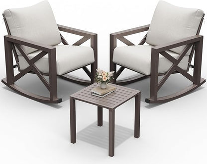 UDPATIO Rocking Chair Outdoor Oversized Metal Bistro Set 6.5" Cushion Beige | 3 by UDPATIO