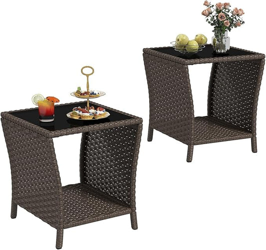 kinbor Outdoor Wicker Side Table - Set of 2 Tempered Glass Top Small Outdoor Table with Storage Shelf for Patio, Balcony & Porch, Durable PE Rattan & Iron Frame