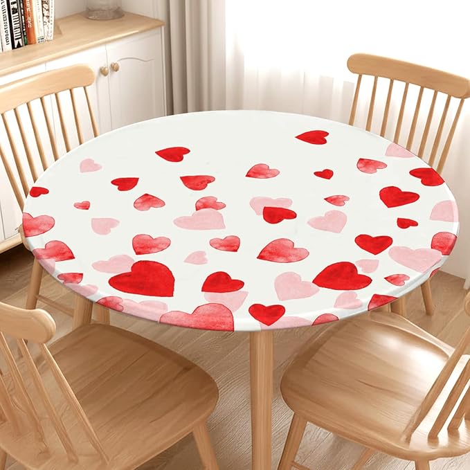 Valentines Day Round Fitted Tablecloth with Elastic Pink Red Love Heart Circle Table Cloth for 40-44" Round Tables Wipeable Waterproof Washable Valentine Table Cover for Picnic Dining Party Decor