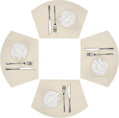 SHACOS Wedge Placemats Set of 4 Woven Vinyl Small Round Table Placemats Wipe Clean Table Mats for Round Dining Table Indoor Outdoor, Beige White