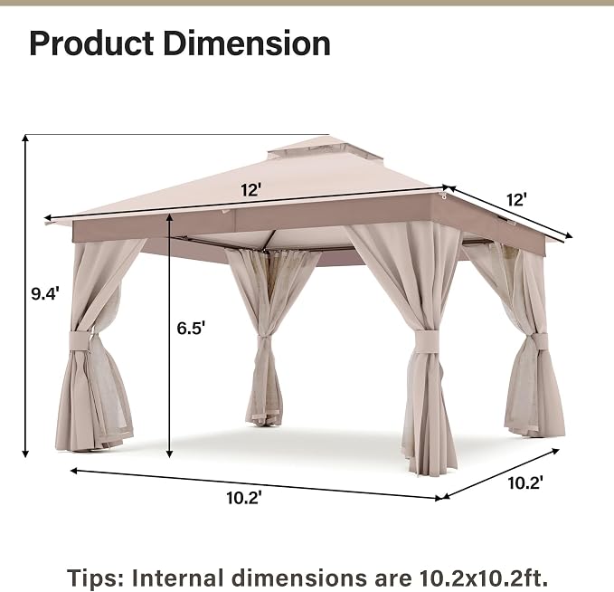 12'x12' Outdoor Gazebo with 100FT String Lights, Metal Heavy Duty Patio Canopy - Image 2