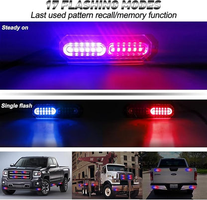 ASPL 8pcs Sync Feature Ultra Slim 12-LED Surface Mount Flashing Strobe Lights for Truck Car Vehicle LED Mini Grille Light Head Emergency Beacon Hazard Warning Lights (Red/Blue)