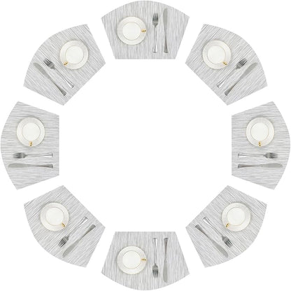 SHACOS Wedge Placemats Set of 8 Woven Vinyl Placemats for Small Round Table Place Mats Wipe Clean Non Slip Table Mats, Gray White