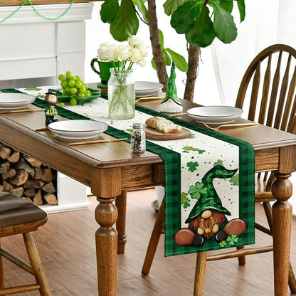Artoid Mode Shamrock Buffalo Plaid Gnomes Lucky St. Patrick's Day Table Runner, Kitchen Dining Table Decor for Outdoor Home Party Decor 13 x 72 Inch