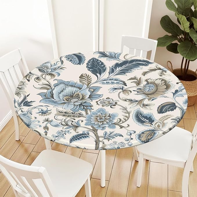 Vintage Floral Round Fitted Tablecloth with Elastic Blue Brown Chinoiserie Flower Circle Table Cloth for 40-44" Round Tables Wipeable Waterproof Elegant Rustic Table Cover for Dining Patio Picnic