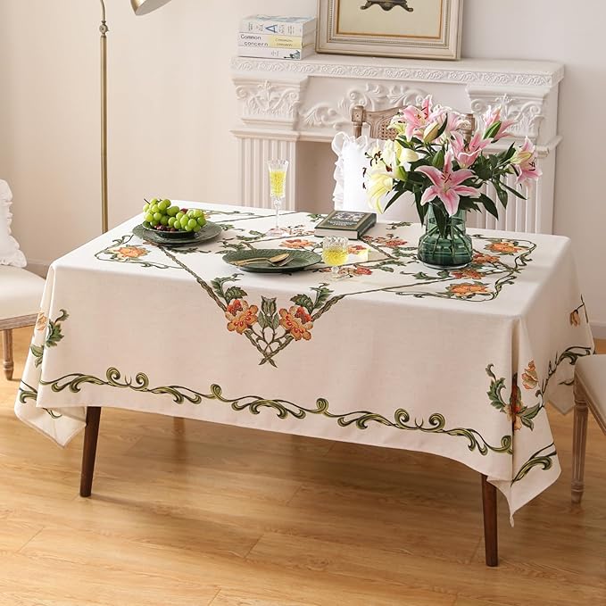 patdrea Designer Linen Rectangle Tablecloth,Vintage French Floral Tablecloths,Wrinkle Free Table Cloth,Decorative Table Cover Cloth for Kitchen,Dining,Tea Party,Home,Christmas,63"*102"