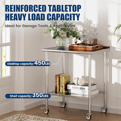 Stainless Steel Work Table with Wheels, 24x36 Inch NSF Food Prep Table with Backsplash & Adjustable Undershelves for Commercial Kitchen, Restaurant, Garage