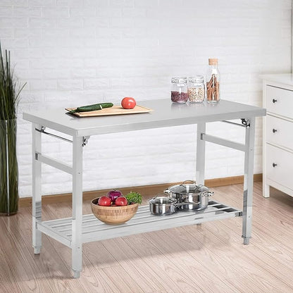 48''x24'' Stainless Steel Folding Preparation Table with Adjustable Undershelf, NSF Commercial Heavy-Duty Workbench, for Kitchen, Hotel, Home, Outdoor Cooking Table