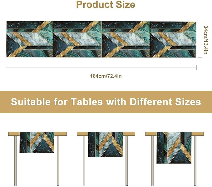 Marble Table Runner, Dark Green Gold Modern Mosaic Design Table Runner Decoration for Kitchen Family Dinner Table Holiday Party Farmhouse 13x36in