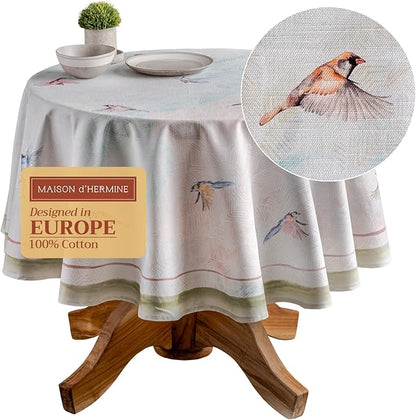 Maison d' Hermine Table Cloth Round Table 100% Cotton 63 Inches Tablecloth Reusable Decorative Everyday Use for Dining Room, Farmhouse, Home, Party, Festive & Wedding Spring Summer - Flying Birds
