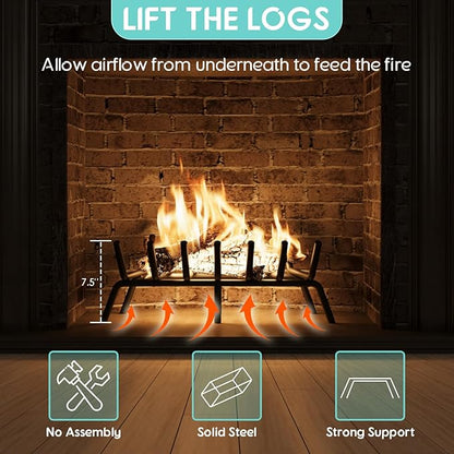 24-Inch Fireplace Grate, Heavy Duty 7-Bar Log Rack Holder Made of Solid Round Steel for Indoor/Outdoor Fire Pits, Wood Stoves & Kindling Tools