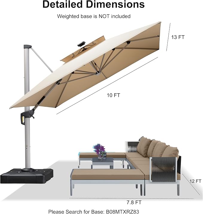 PURPLE LEAF Cantilever Umbrella 10' X 13' Double Top Solar LED Light, Support - Image 9