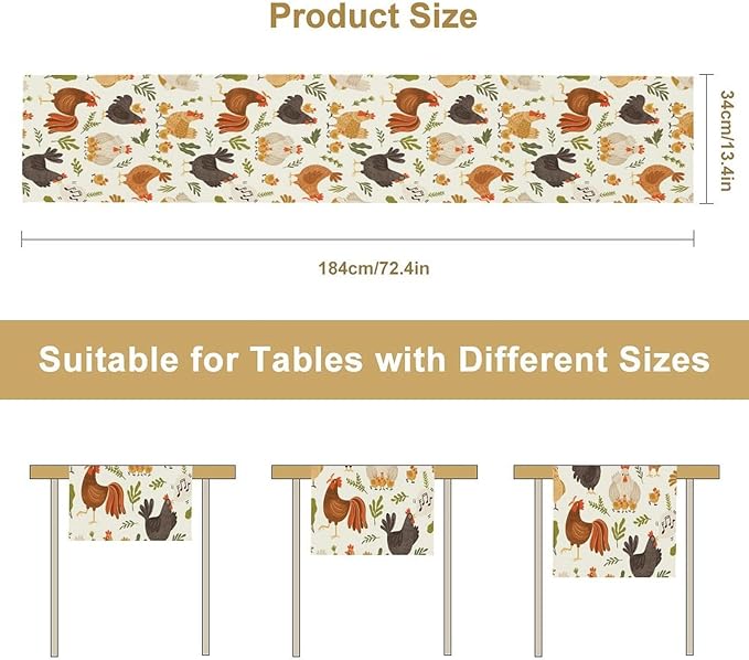 Cute Roosters Chickens Table Runners, Rustic Farm Animals Hen Table Runner for Farmhouse Wedding Coffee Dining Table Party Home 13x120in