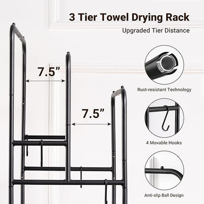 ELYKEN 40'' Tall Standing Towel Racks, 3 Tier Towel Drying Rack Outdoor, Pool Towel Stand Blanket Holder with Shelf & 4 Removable Hooks, Metal Freestanding Towel Racks for Bathroom, Matte Black