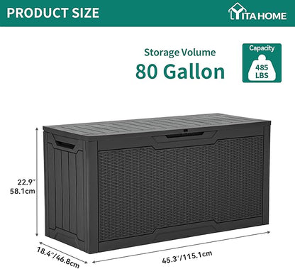 YITAHOME 80 Gallon Resin Deck Box, Weather Resistant Outdoor Rattan Storage Box, Lockable Indoor Outdoor Storage for Supplies and Essentials, Dark Gray