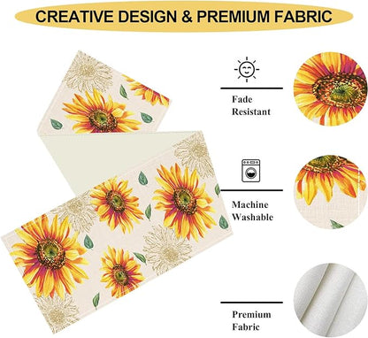 Summer Table Runner, Watercolor Yellow Floral Vase Spring Sunshine Farmhouse Rustic Coffee Table Center Decor for Home Kitchen Dining Patio Indoor Outdoor Table Decorations, 13"x90" Inch